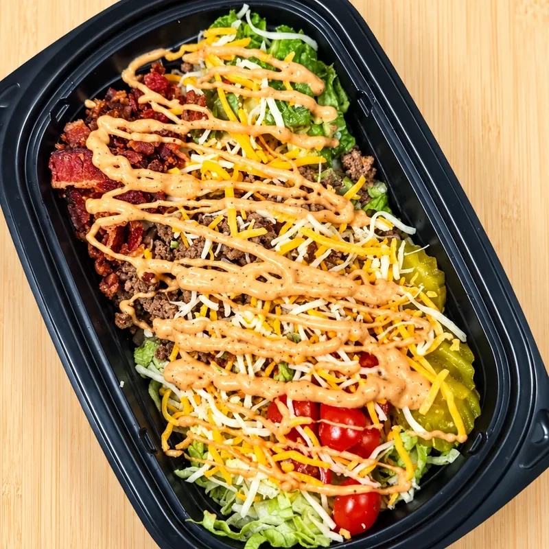 Bacon Cheeseburger Bowl, cooked and plated