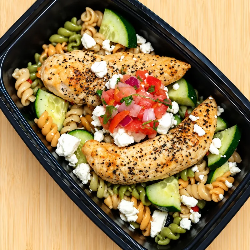 Chicken Gyro Bowl, cooked and plated