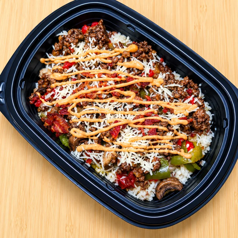 Mushroom Melt Burger Bowl, cooked and plated