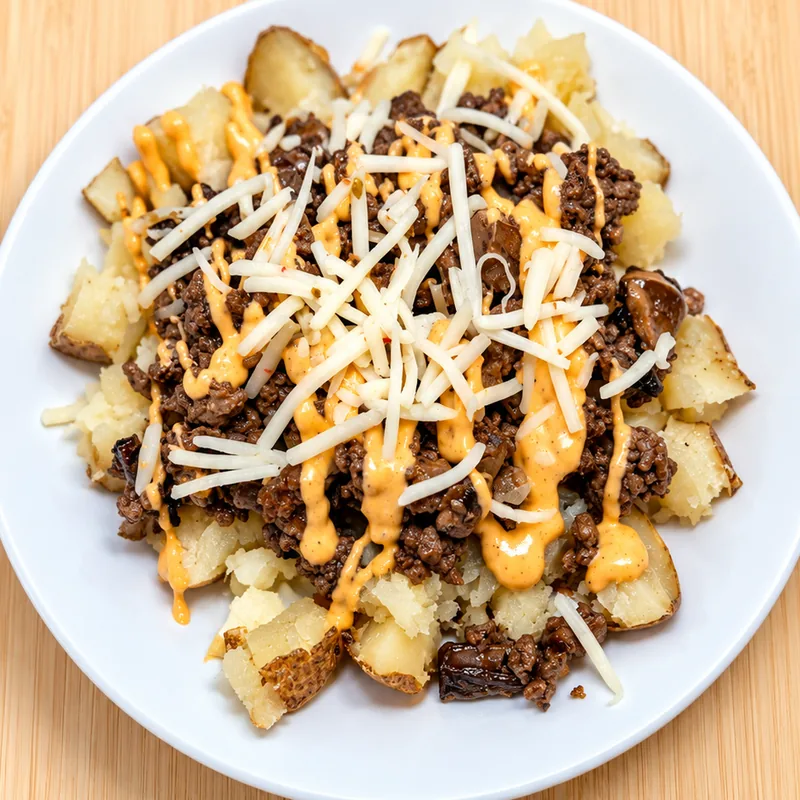 Philly Cheese Potato, cooked and plated