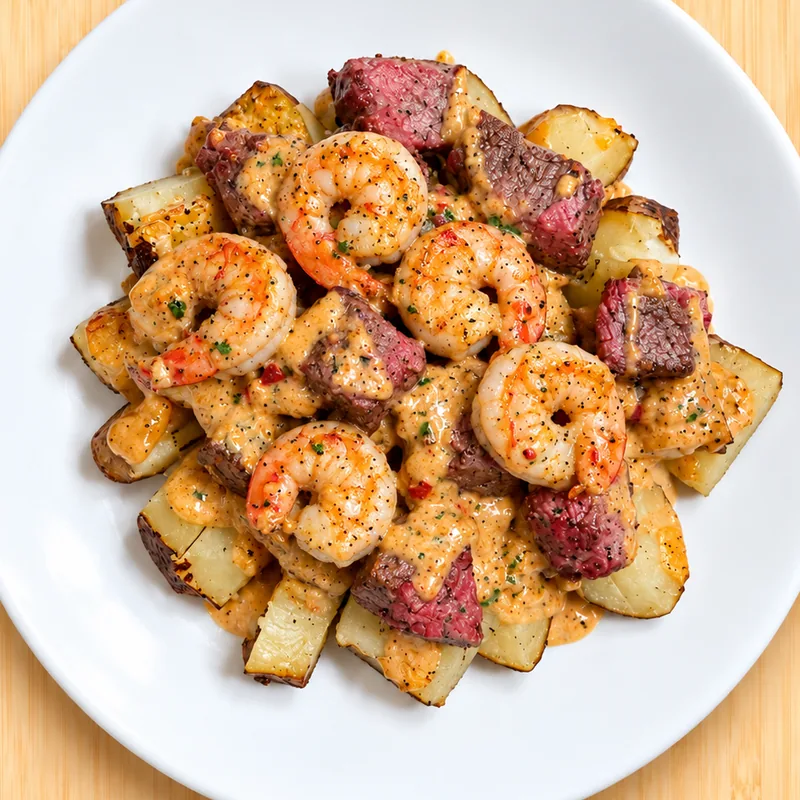 Surf & Sizzle, cooked and plated